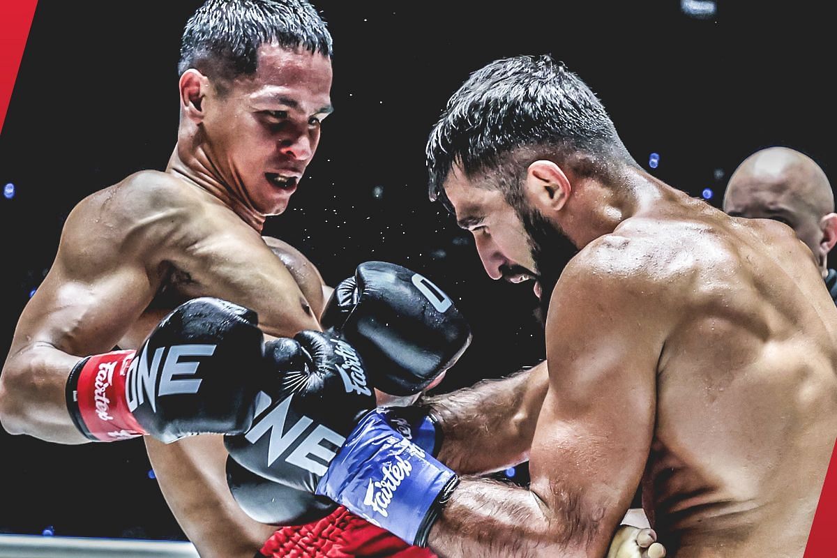Superbon and Marat Grigorian duking it out for the interim ONE featherweight kickboxing world championship [Photo via: ONE Championship]