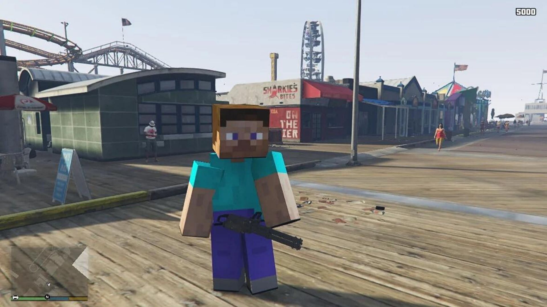 Modded Steve wielding a minigun at the Del Perro Pier (Image via gta5-mods.com)