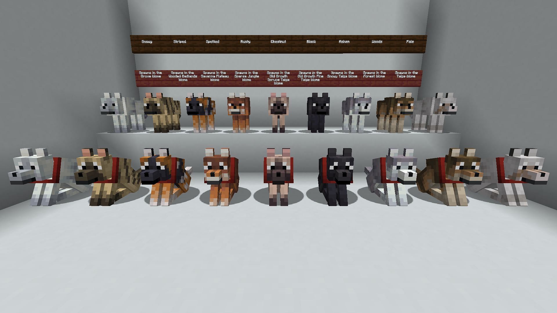 All eight of the new wolf variants alongside the original wolf type now known as &quot;pale&quot; wolves (Image via Mojang)