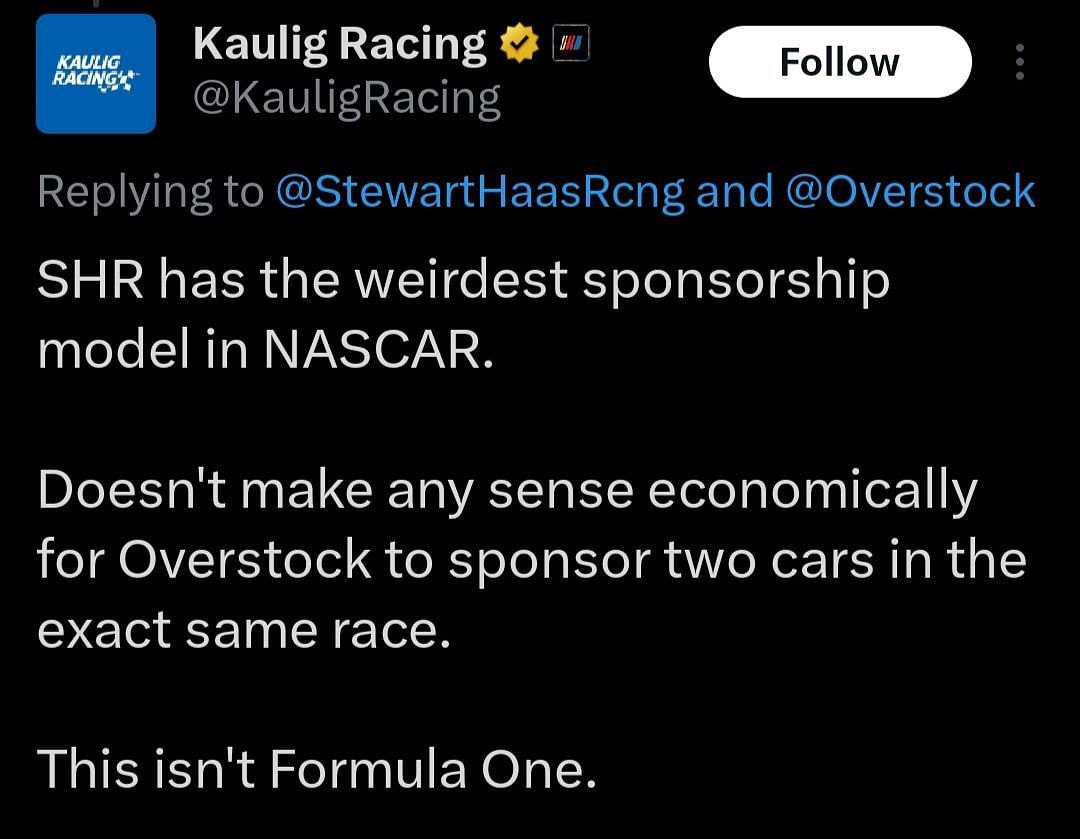 Kaulig Racing&#039;s response to Stewart-Haas Racing