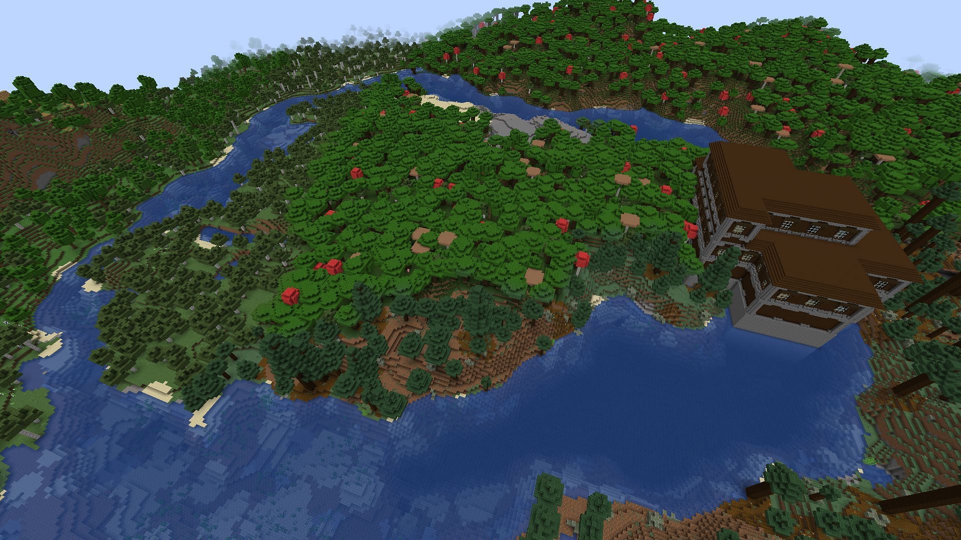 The mansion and survival island found on the seed (Image via Mojang)