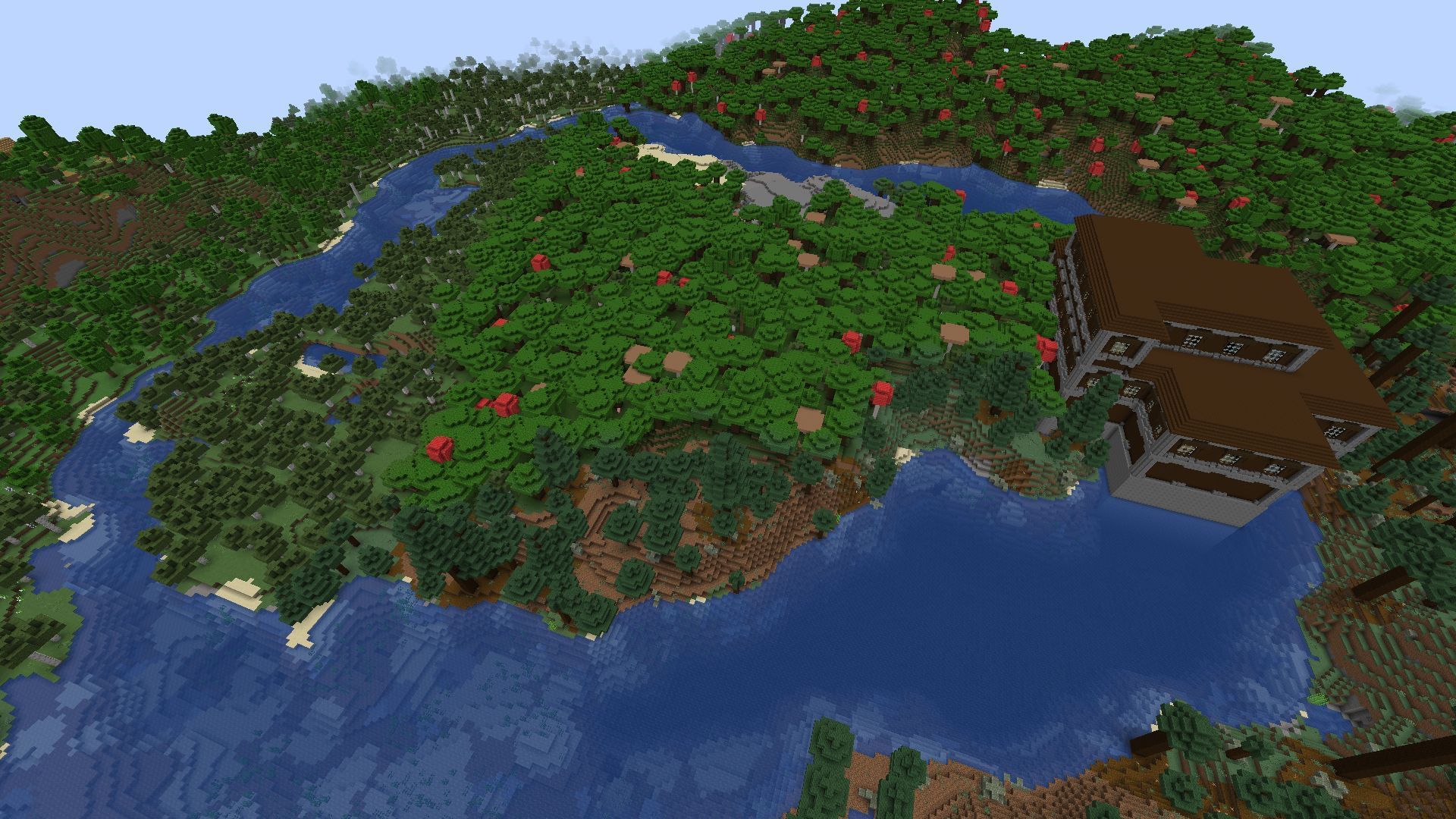 The mansion and survival island found on the seed (Image via Mojang)