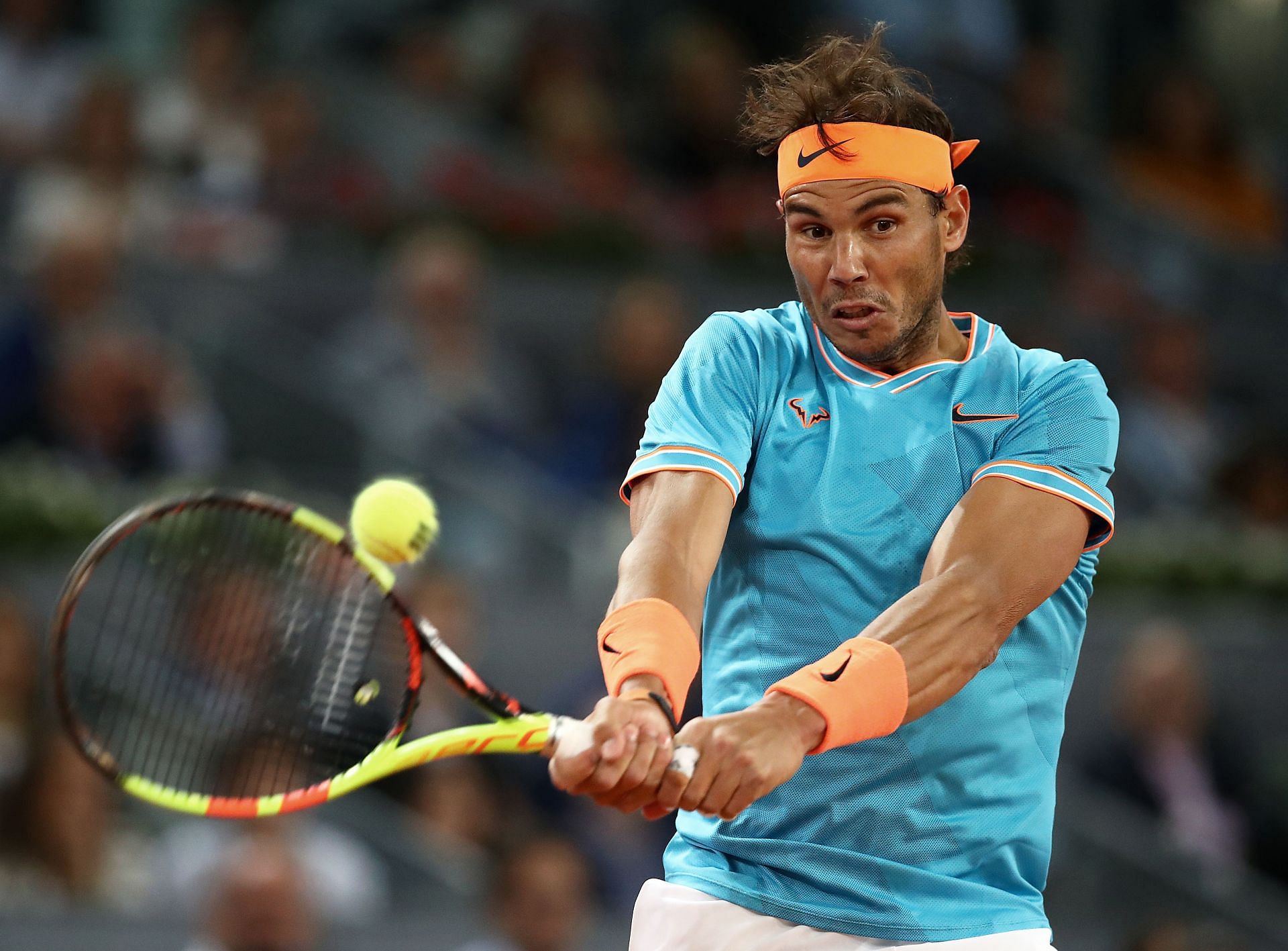 Rafael Nadal in action against Stefano Tsitsipas at the 2019 Madrid Open semifinal