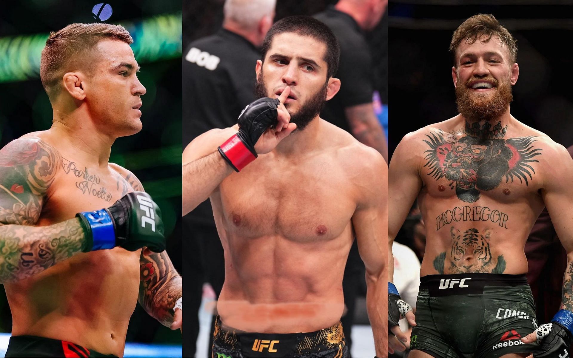 Islam Makhachev (middle) should push for fights with Dustin Poirier (left) and Conor McGregor (right), says former teammate [Images Courtesy: @GettyImages, @islam_makhachev on Instagram]