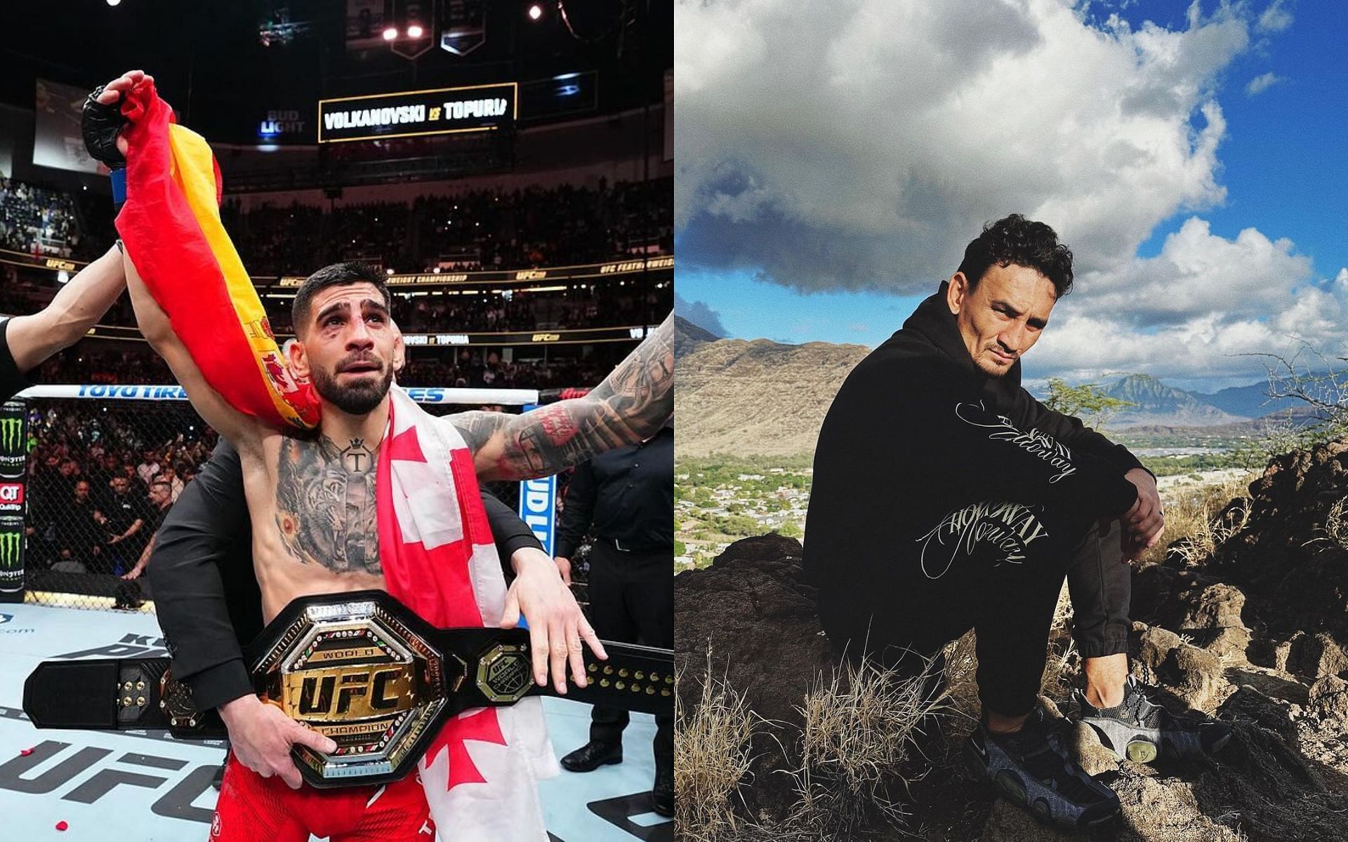 Ilia Topuria (left) warns Max Holloway (right) [Images courtesy: @iliatopuria and @blessedmma on Instagram] 