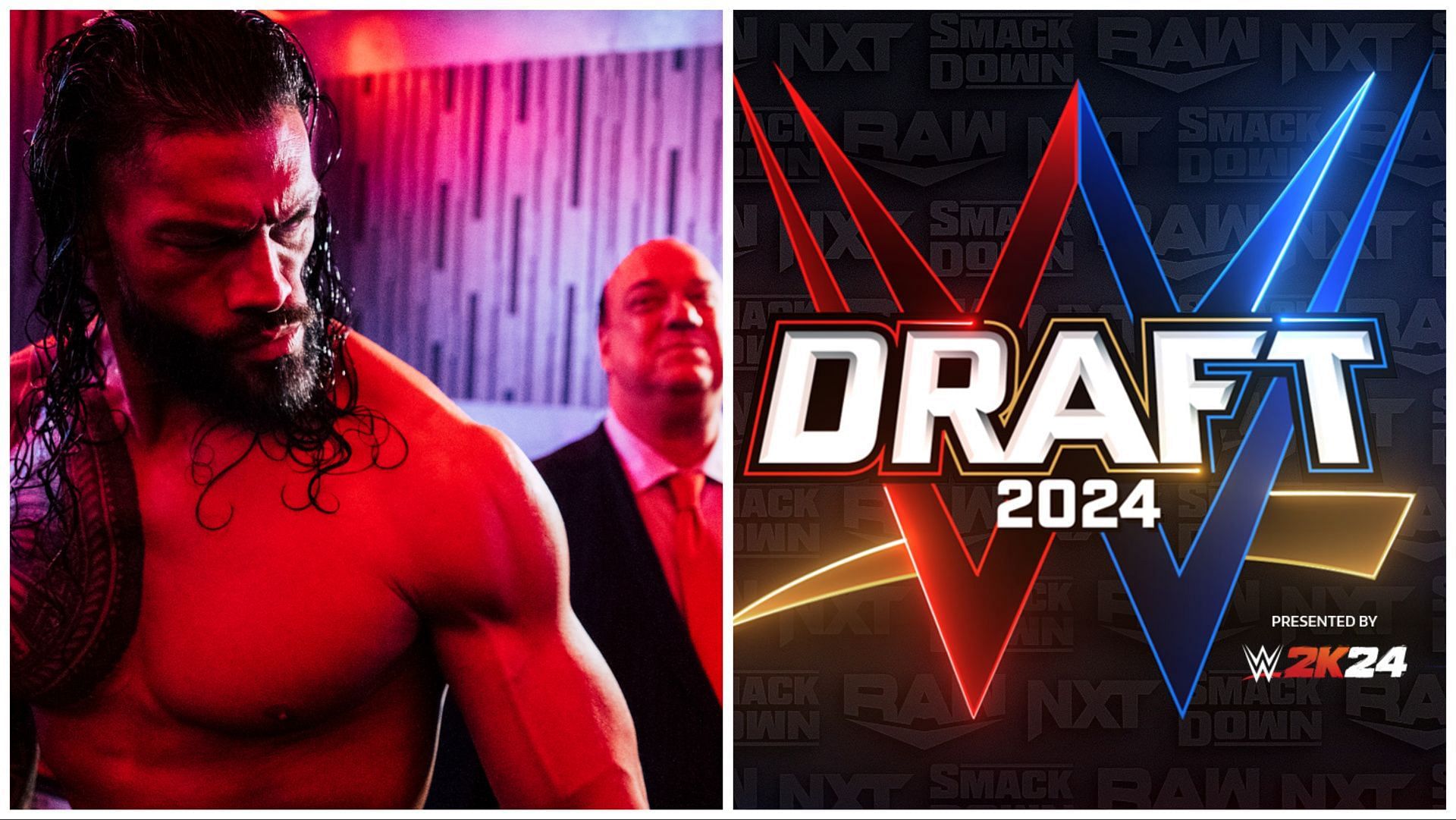 Roman Reigns and Paul Heyman at WrestleMania XL, the official 2024 WWE Draft logo