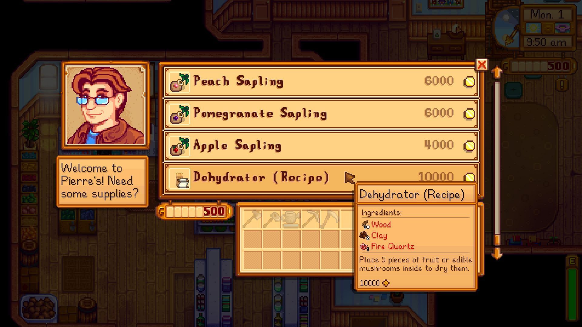 Purchase the Dehydrator recipe for 10000g (Image via ConcernedApe)