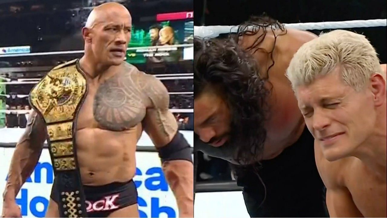 WWE सुपरस्टार्स द रॉक, रोमन रेंस और कोडी रोड्स 
