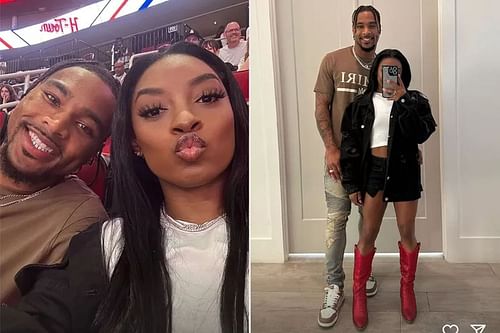 Jonathan Owens and Simone Biles attend the Houston Rockets-Miami Heat game at Toyota Center