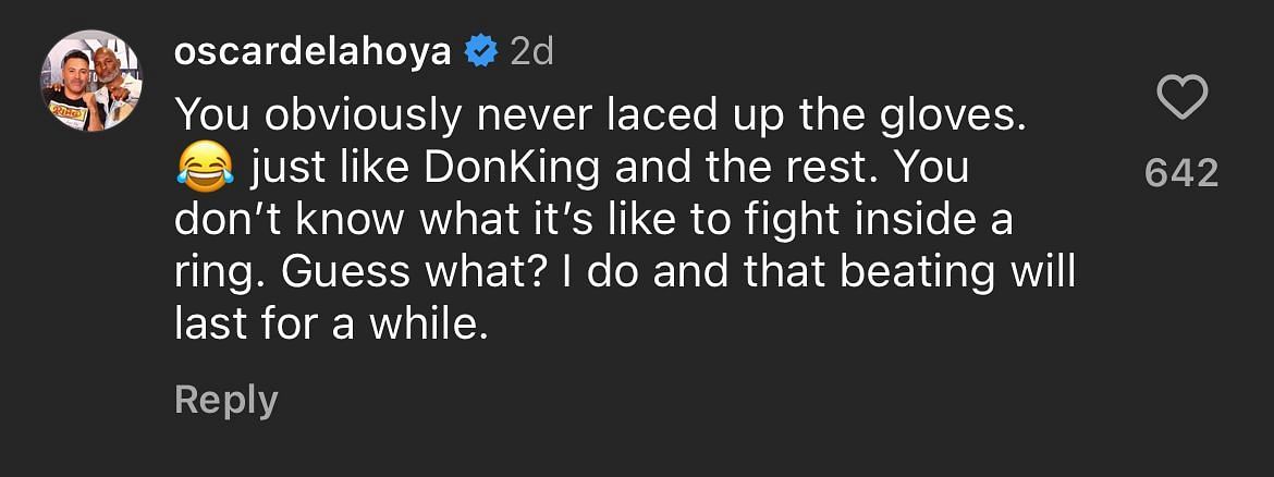 A screenshot of Oscar De La Hoya&#039;s comment