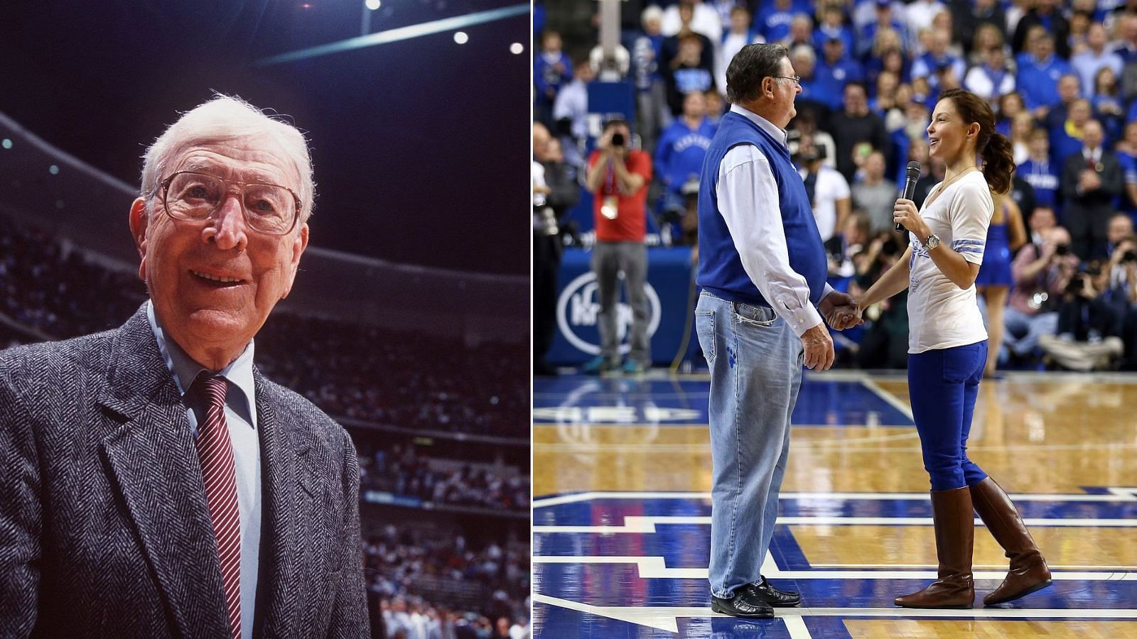 Legendary UCLA coach John Wooden was part of three of the highest scoring title games in history, while Kentucky coach Joe B. Hall (shown here with Ashley Judd) coached in two of those high-scoring games.
