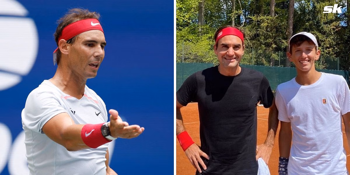 Rafael Nadal (L), Roger Federer and Nicholas Godsick (R)