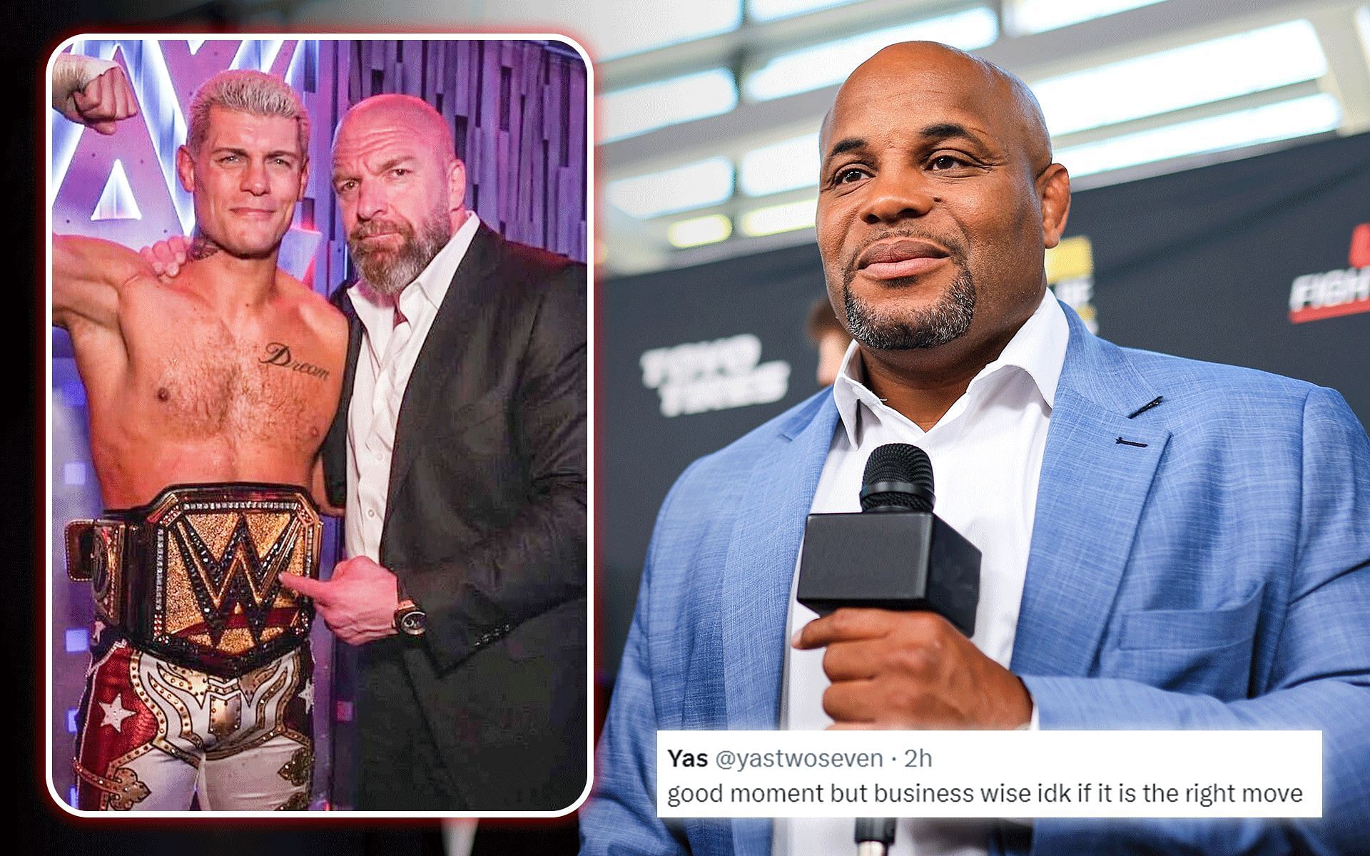 Cody Rhodes (left) has credited Triple H (middle) for his rise to the top in WWE; Daniel Cormier (right) has long been a fan of the WWE [Images courtesy: @wwe on Instagram and Getty Images]