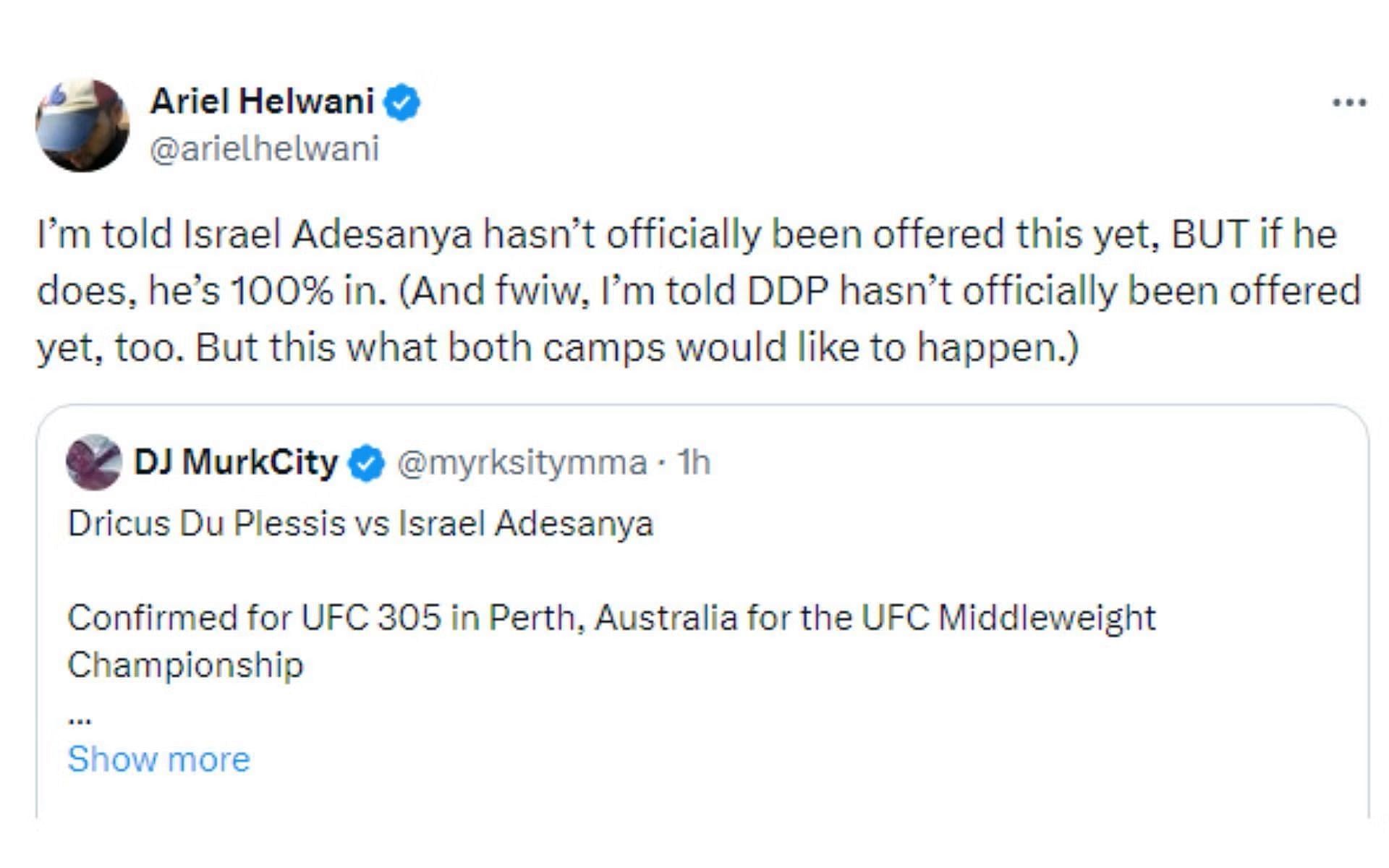 Ariel Helwani&#039;s tweet regarding Du Plessis vs. Adesanya [Image courtesy: @arielhelwani - X]