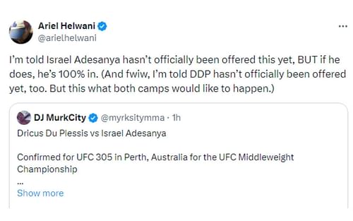 Ariel Helwani's tweet regarding Du Plessis vs. Adesanya [Image courtesy: @arielhelwani - X]