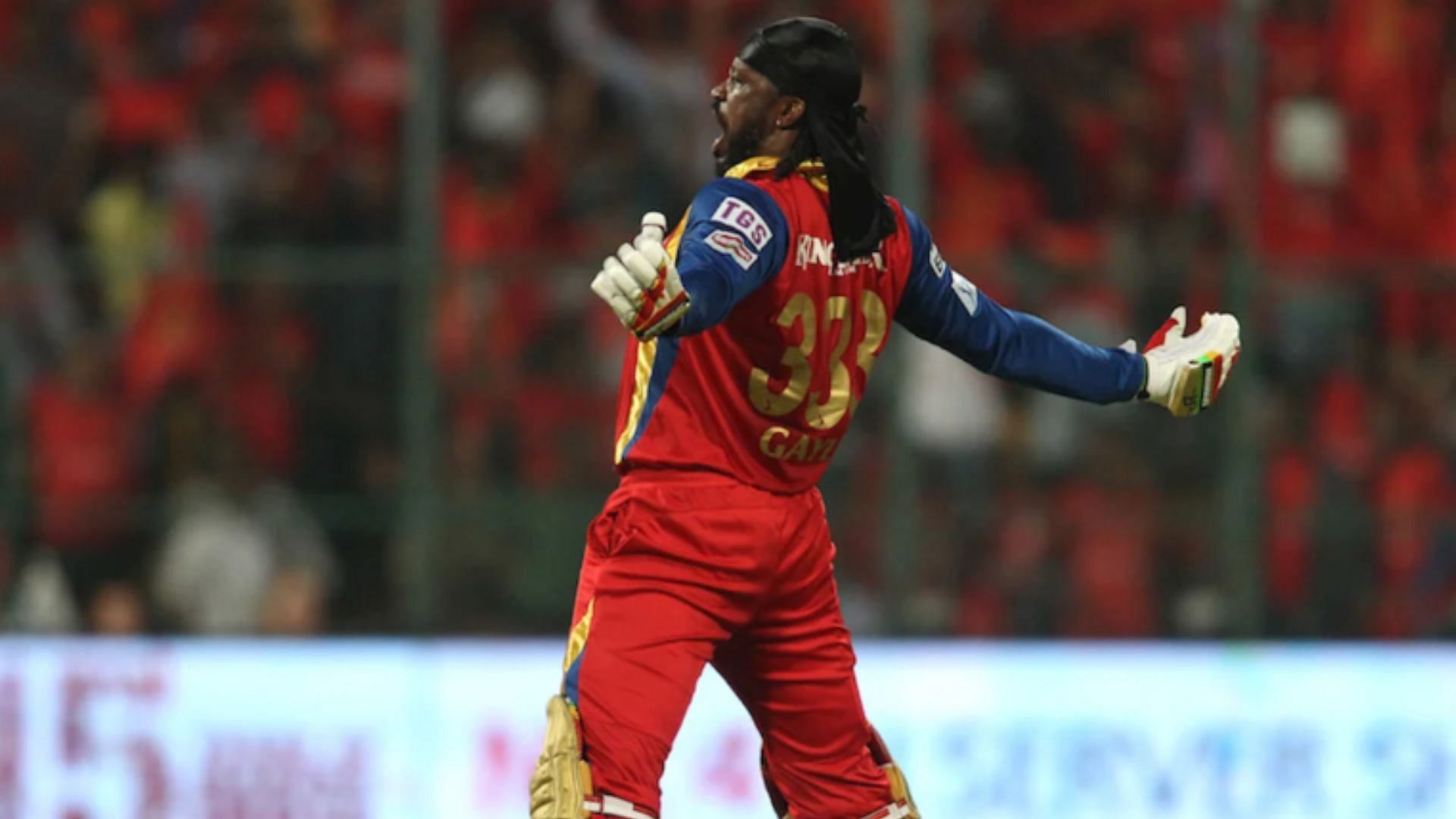 Gayle celebrates after scoring a century against Punjab in 2015.