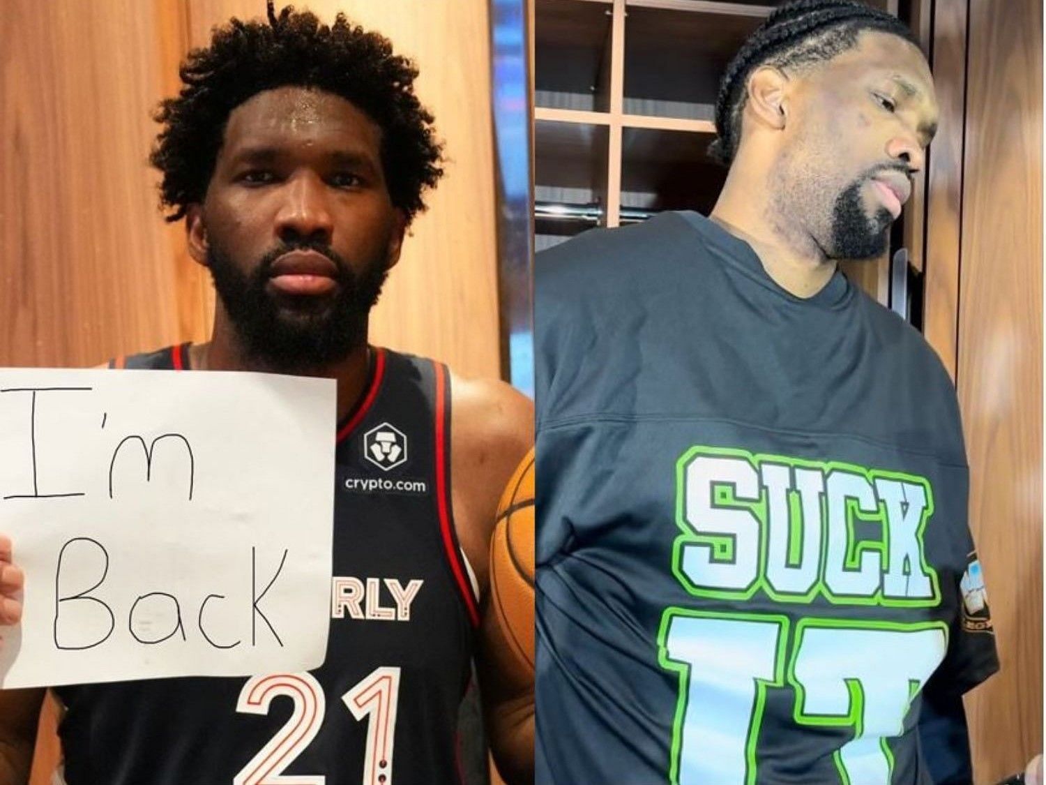 Joel Embiid sports iconic Triple H and Shawn Michaels &lsquo;Suck It&rsquo; Wrestlemania merchandise after returning to the Sixers lineup on Tuesday.