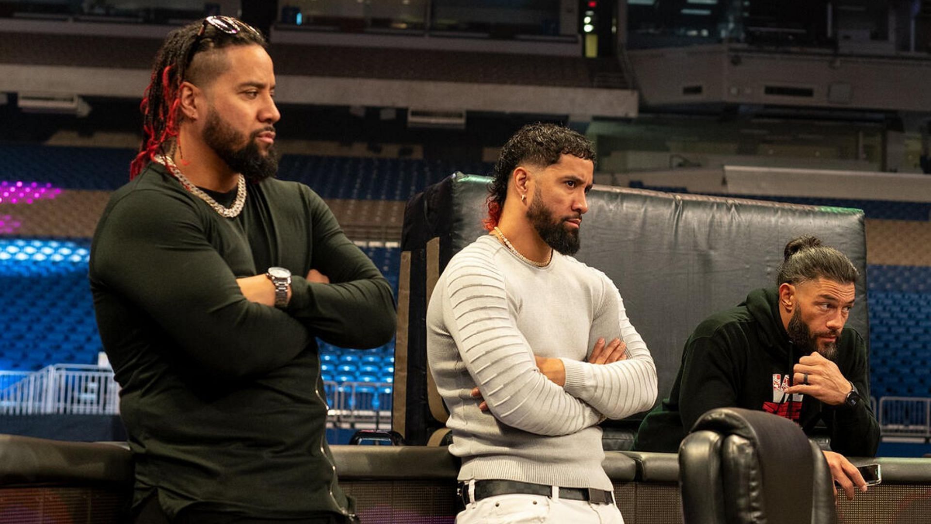 From left to right: Jimmy Uso, Jey Uso and Roman Reigns (Credit: WWE)
