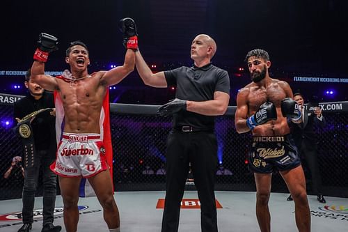 Superbon celebrates his decision win over Marat Grigorian at ONE X in Singapore.