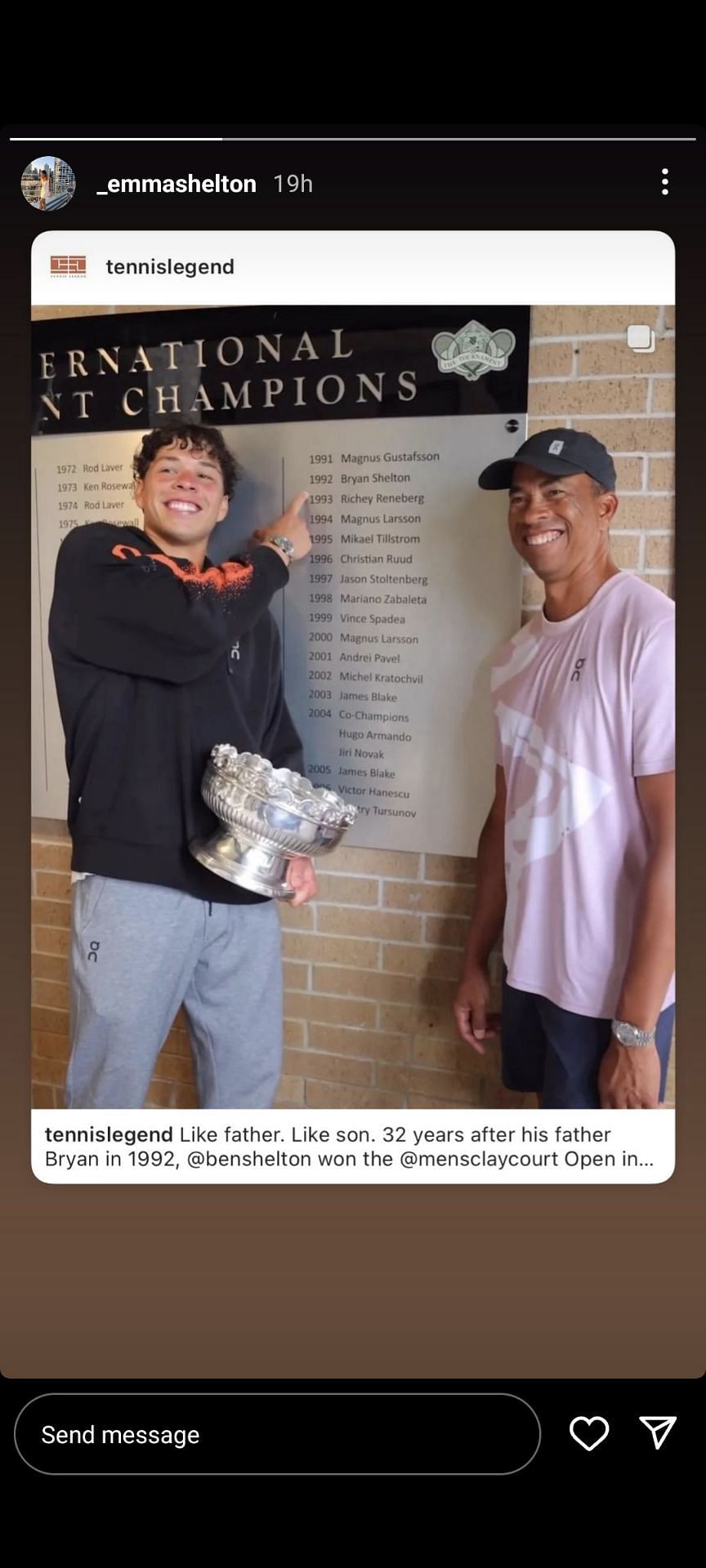 Ben Shelton and his Father stand in front of honors board of the Houston Open