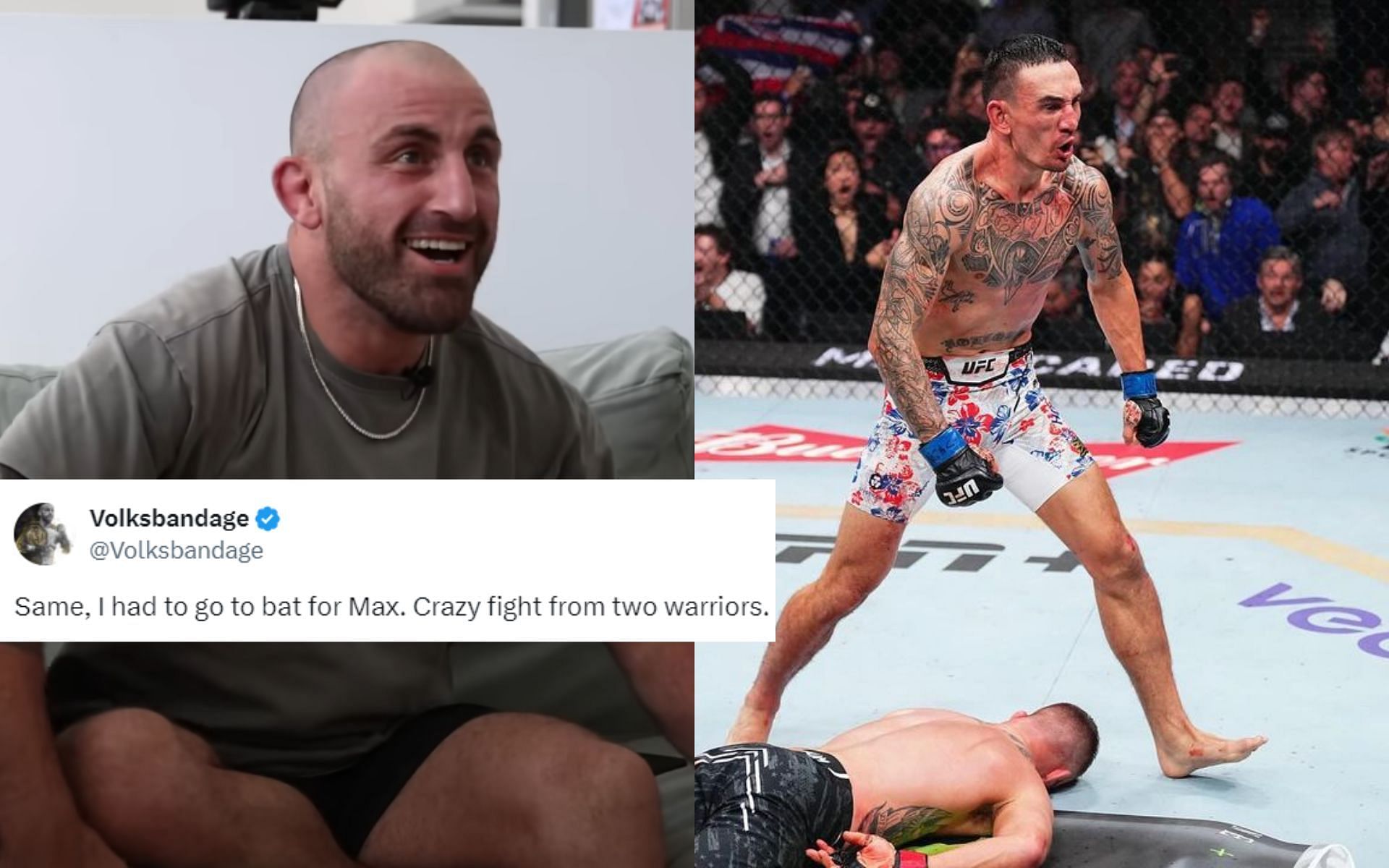 Alexander Volkanovski (left) appeared to be enthralled by Max Holloway