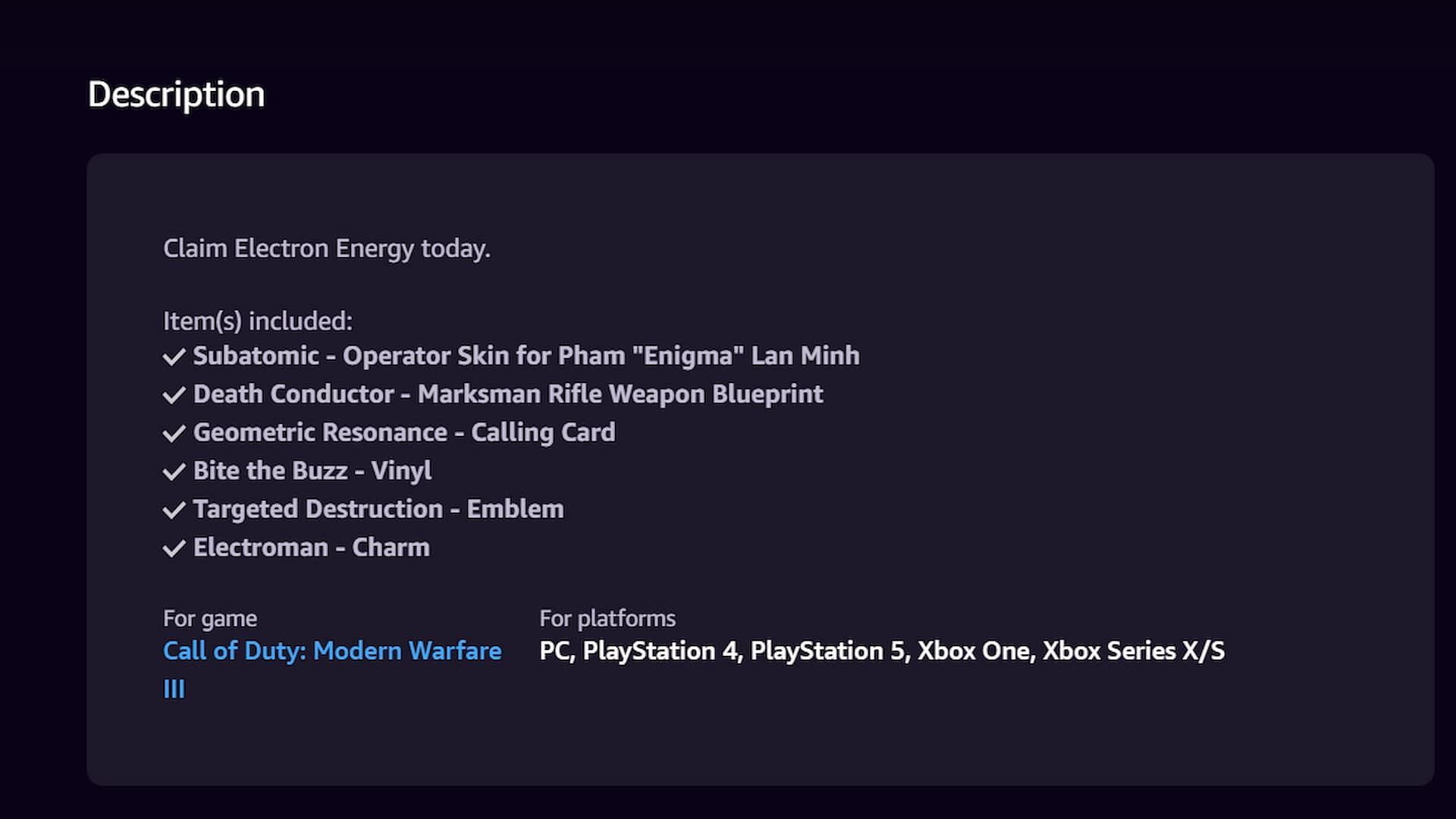Electron Energy bundle contents in MW3 and Warzone (Image via Activision)