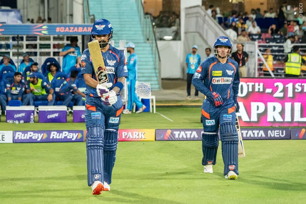 KL Rahul and Quinton de Kock walking out to open the innings for LSG on Friday. [IPL]