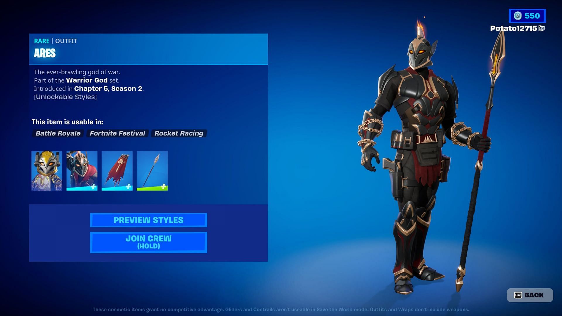 The Ares skin is currently listed in the Item Shop (Image via Epic Games)