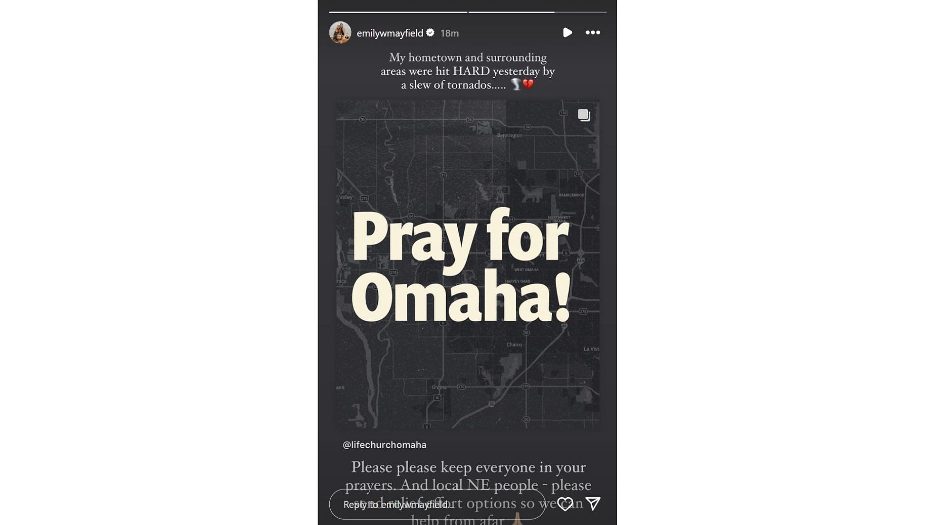 Mayfield&#039;s wife Emily reaches out about tornado damage in Omaha (From: @emilywmayfield IG)