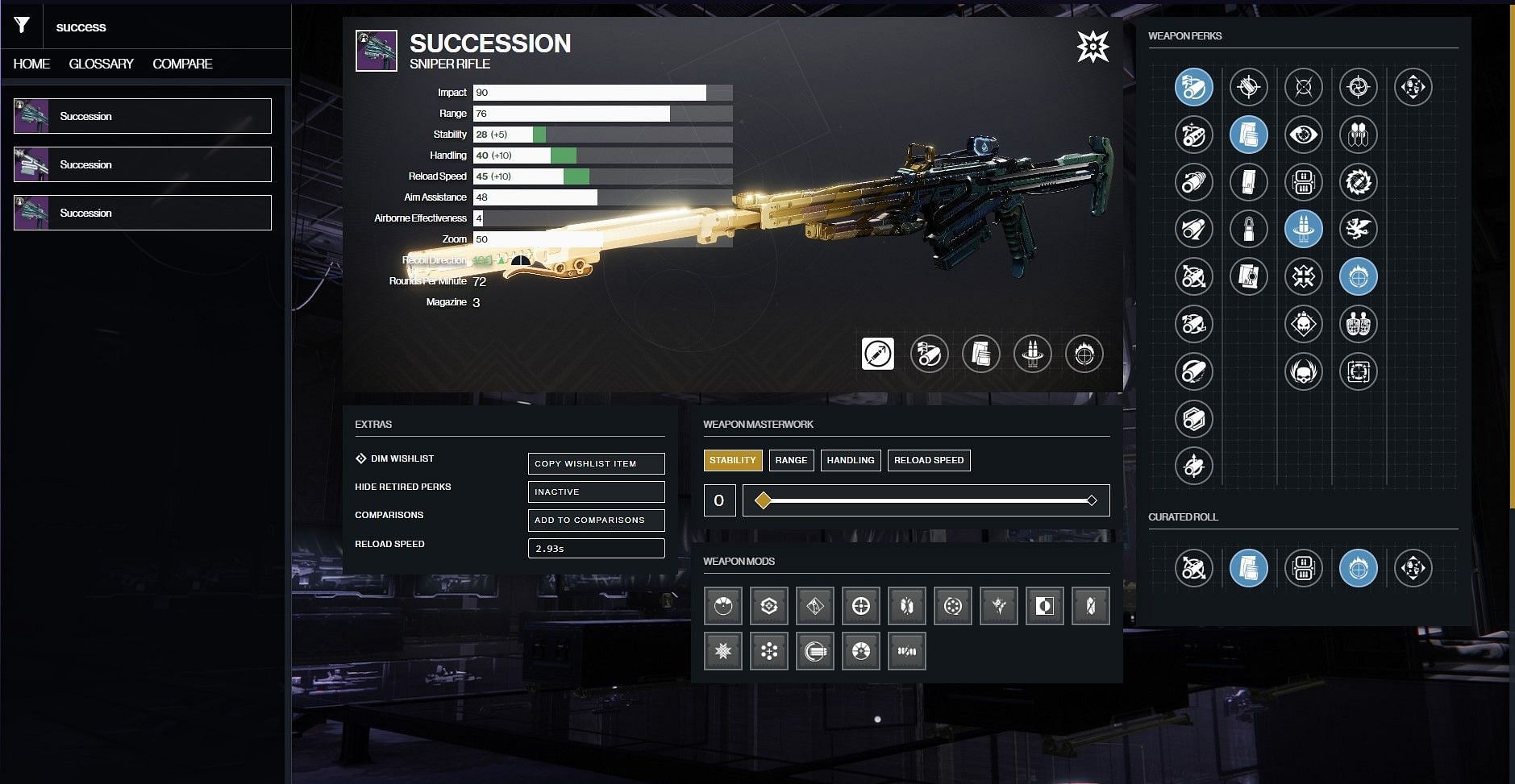 Succession Sniper Rifle PvE god roll (Image via D2Gunsmith)