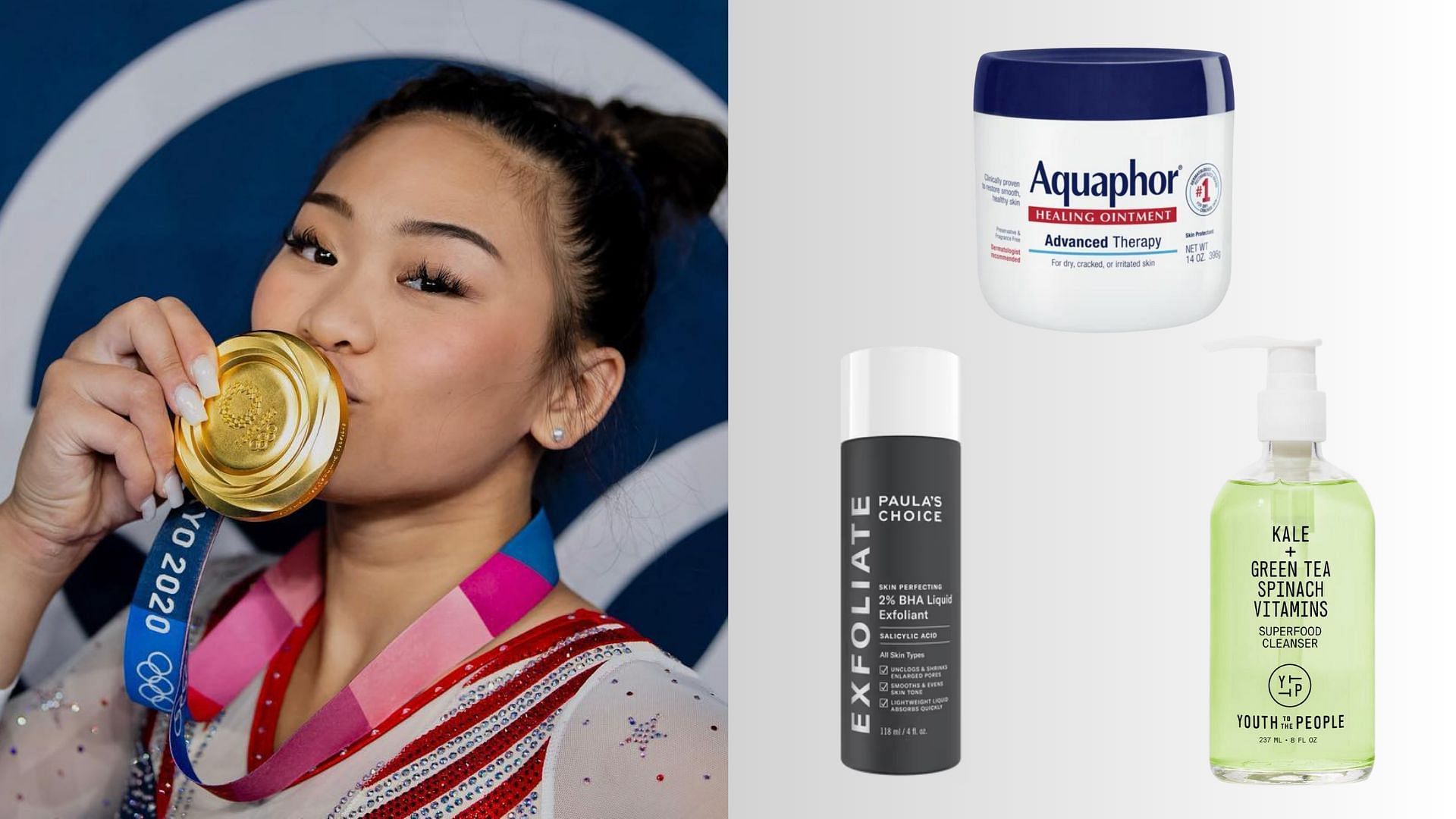 What is Suni Lee&rsquo;s beauty must-haves? (Image via @sunisalee/Instagram, Youth to the People, Aquaphor)