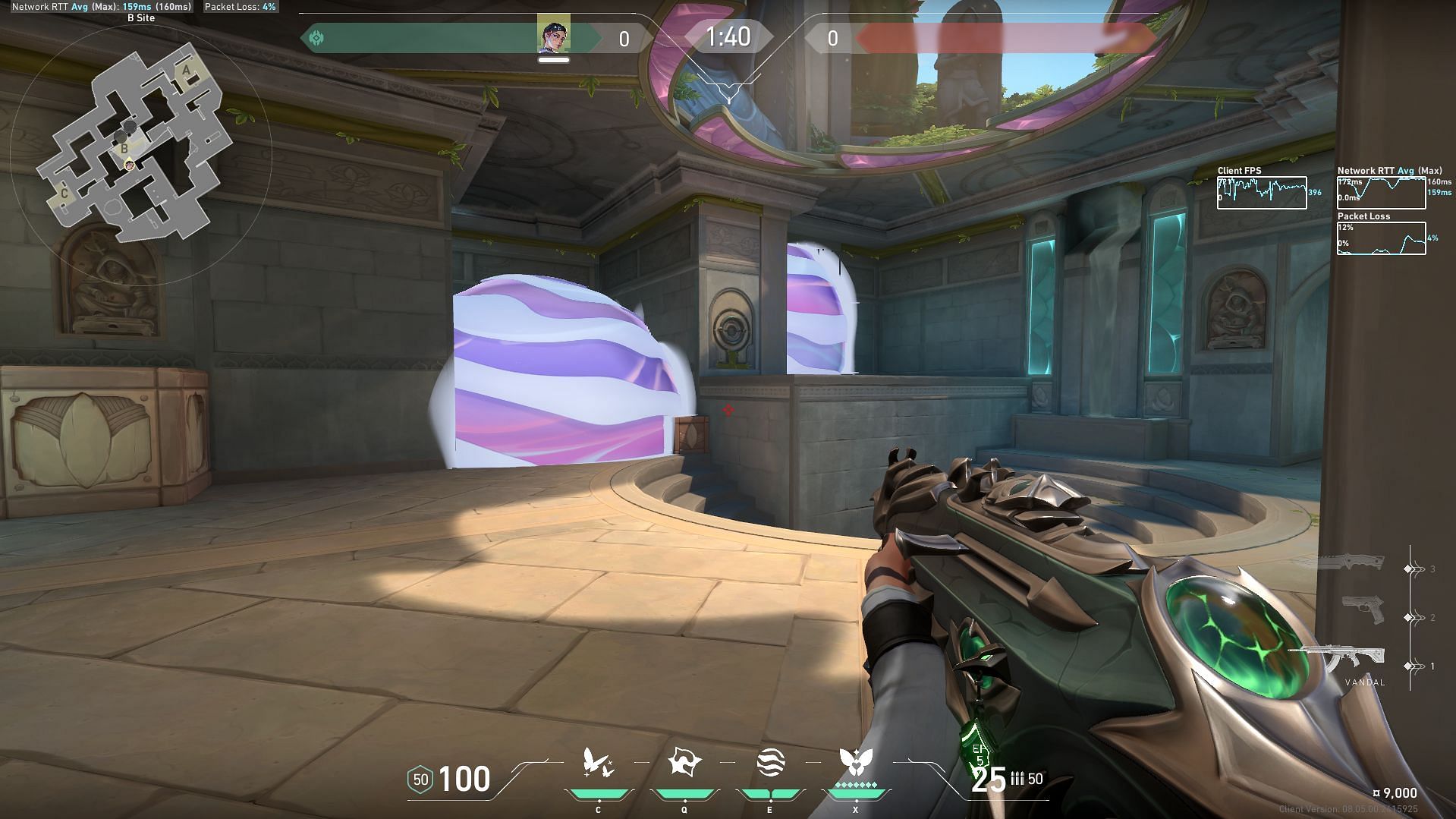 B-site attacking smokes combo 1 in-game view (Image via Riot Games)