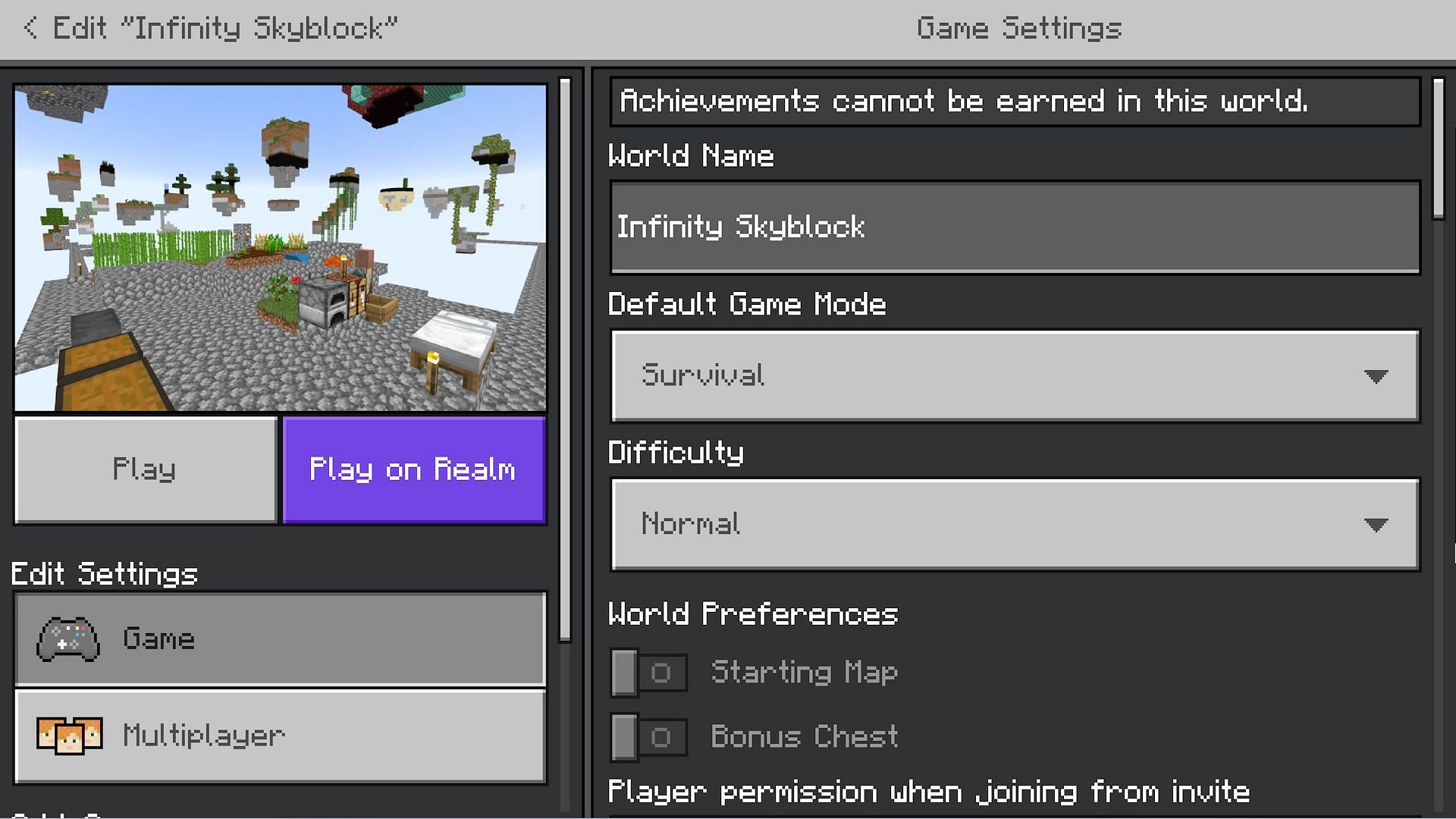 When you pick a world enter its settings as some changes need to be made (Image via Mojang)