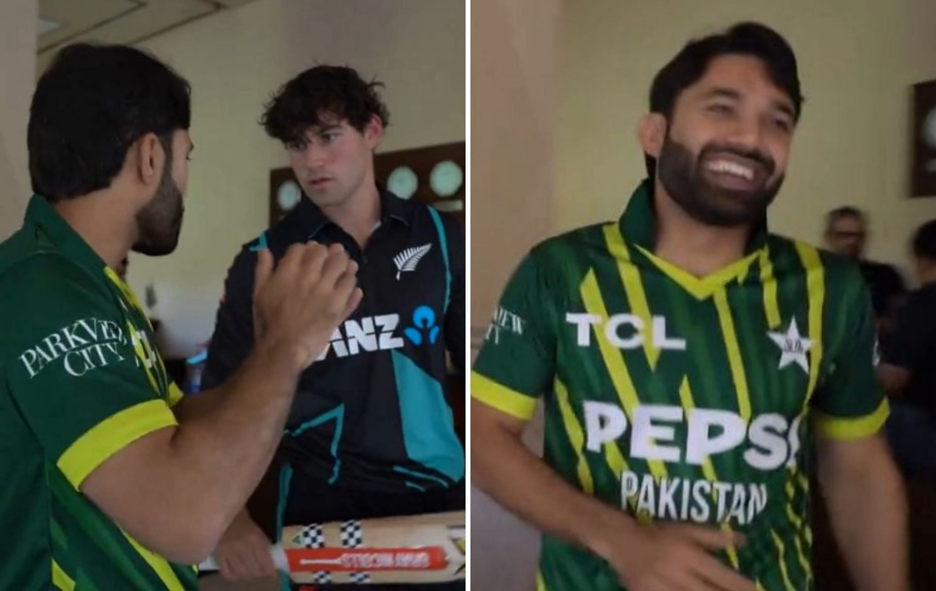 Mohammad Rizwan was seen discussing cricket bats with Tim Robinson. 