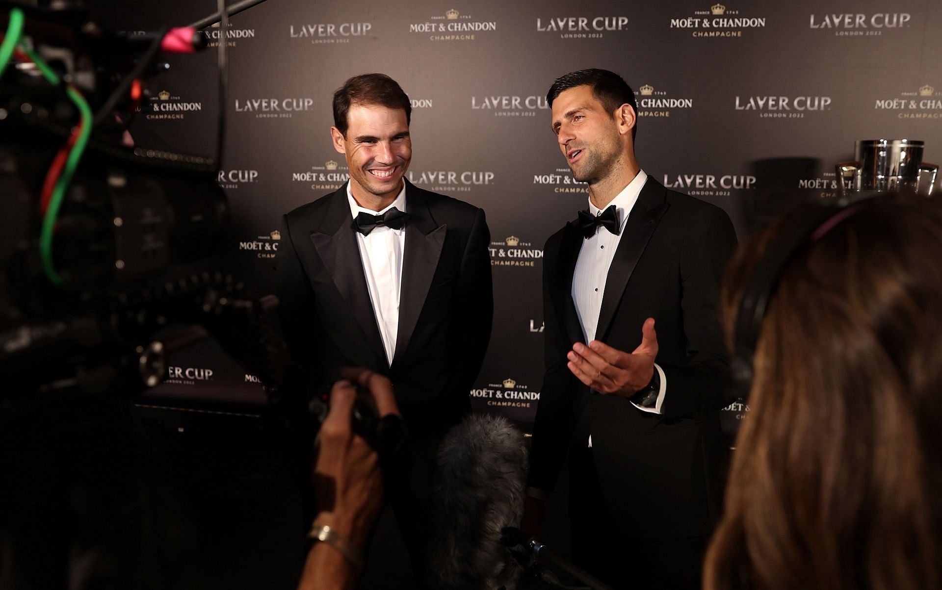 Rafael Nadal(L) and Novak Djokovic(R) all smiles during the 2022 Laver Cup