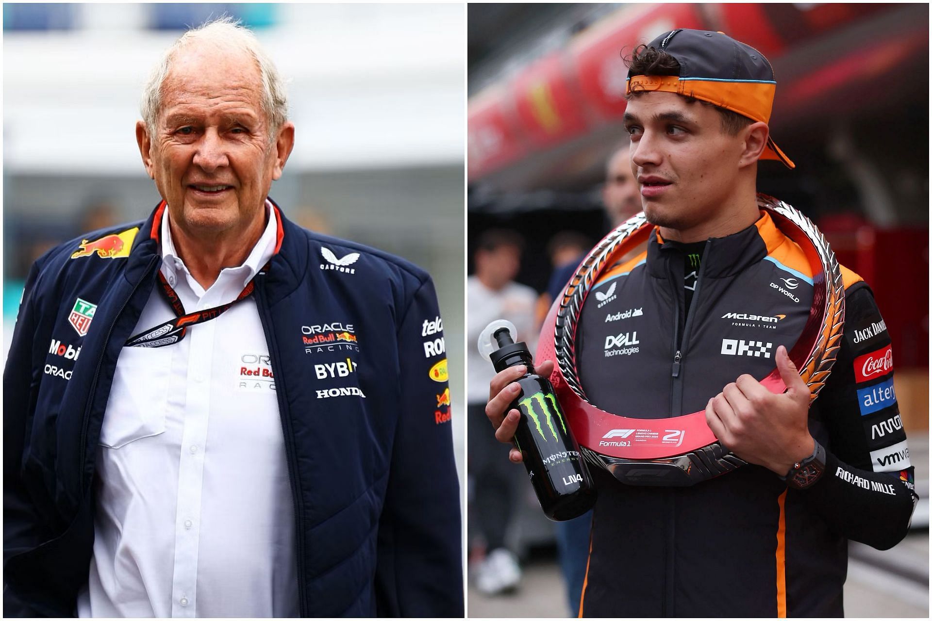 Helmut Marko (L) and Lando Norris (R) (Collage via Sportskeeda)