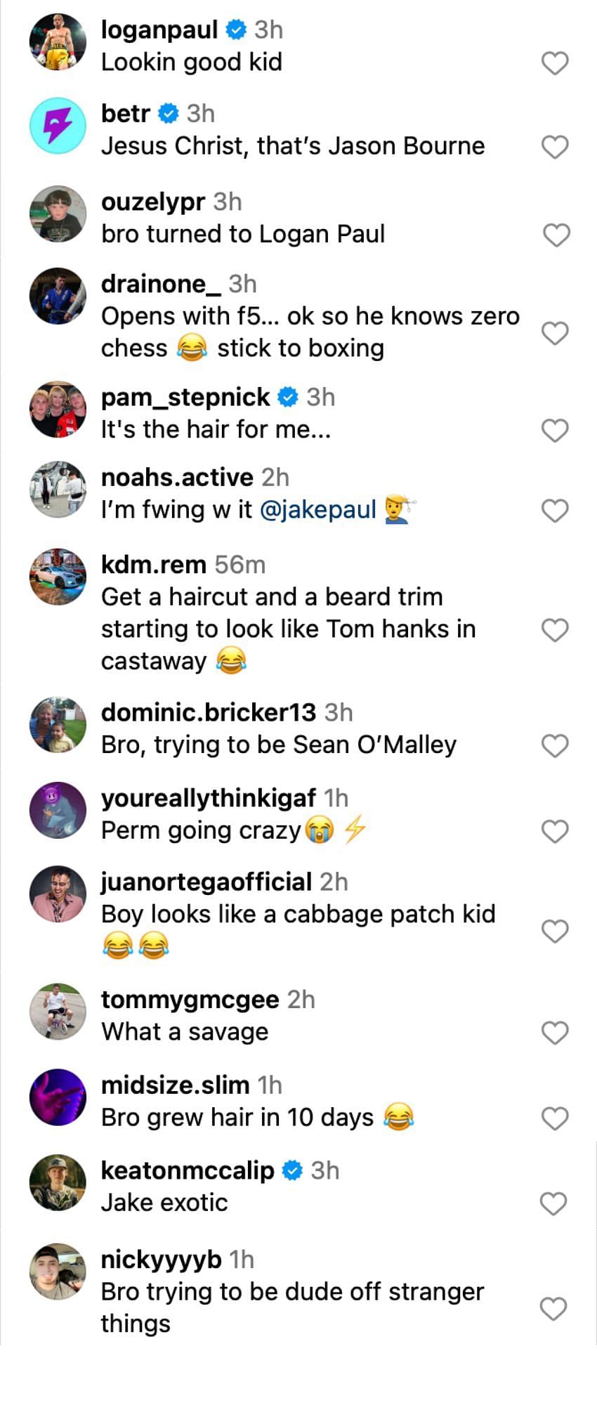 Fans reacting to Jake Paul&#039;s new hair [via @jakepaul on Instagram]