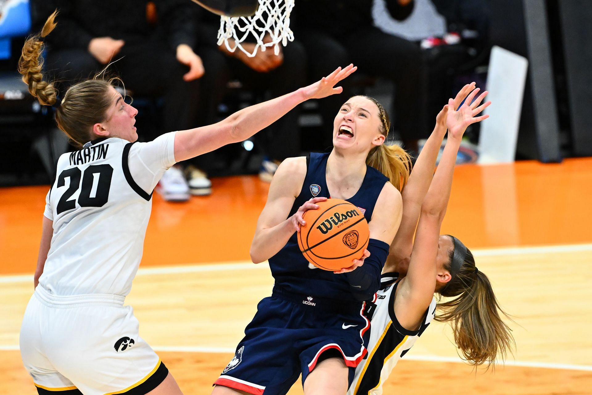 UConn&#039;s Paige Bueckers drives to the basket.