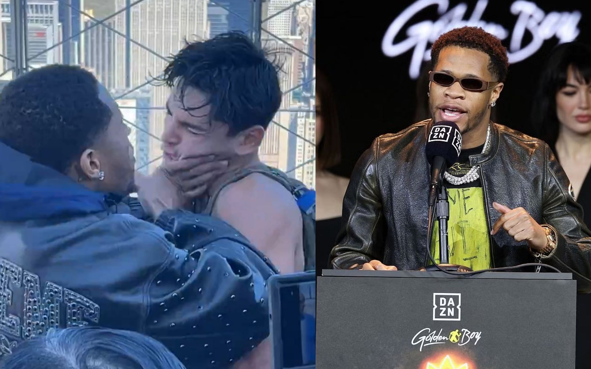 Devin Haney (right) explains why he shoved Ryan Garcia in the face during their face-off [Images Courtesy: @GettyImages, @realdevinhaney on X]