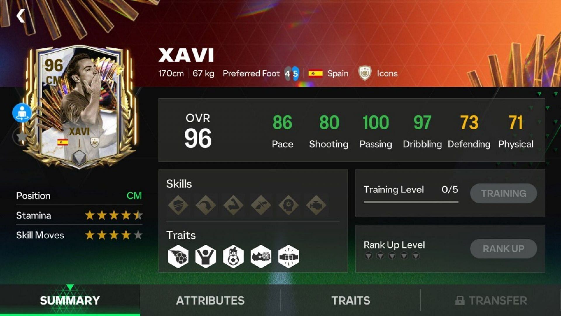 Speculated TOTS Icon Xavi attributes in FC Mobile (Image via EA Sports)