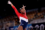 Simone Biles of Team United States competes on vault during the Women's Team Final on day four of the Tokyo 2020 Olympic Games at Ariake Gymnastics Centre on July 27, 2021 in Tokyo, Japan. (Photo by Laurence Griffiths/Getty Images)