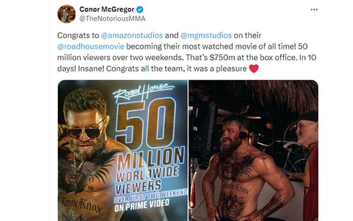 Tweet regarding the success of 'Road House' [Image courtesy: @TheNotoriousMMA - X]