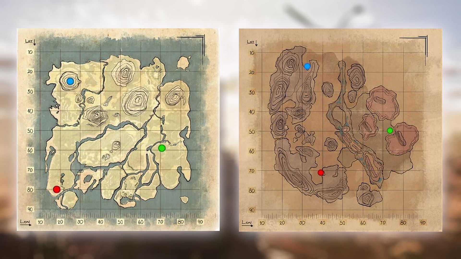 Obelisk locations on The Island and Scorched Earth maps (Image via Studio Wildcard)