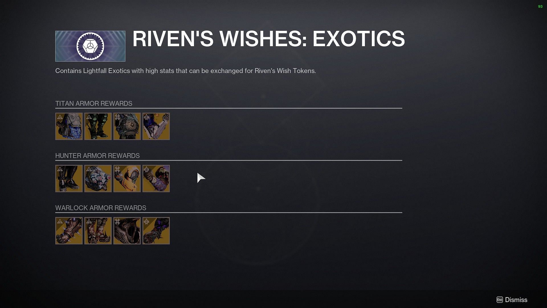 Riven&#039;s Wishes Exotic rewards (Image via Bungie)