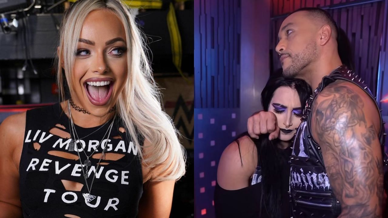 Liv Morgan(left) and Rhea Ripley with Damian Priest(right)