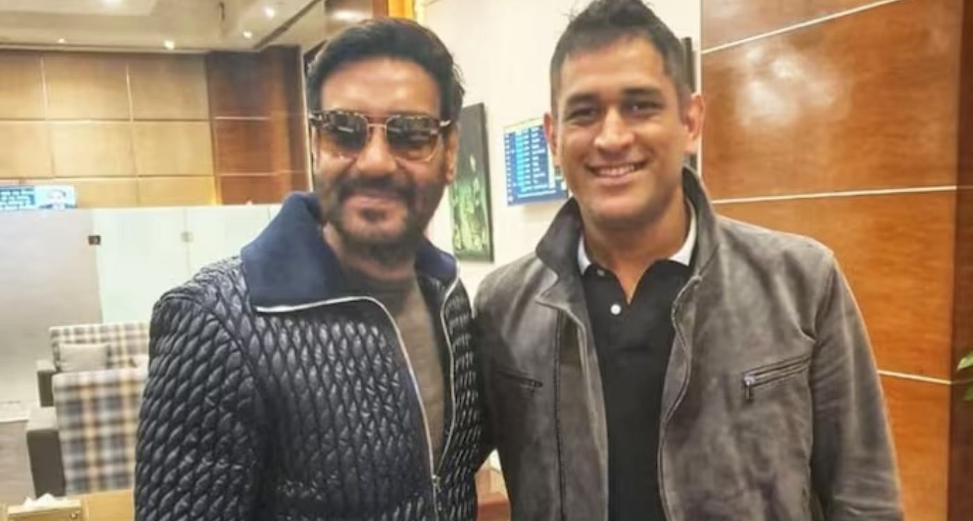 अजय देवगन सीएसके के पूर्व कप्तान एमएस धोनी के साथ (PC: Twitter)