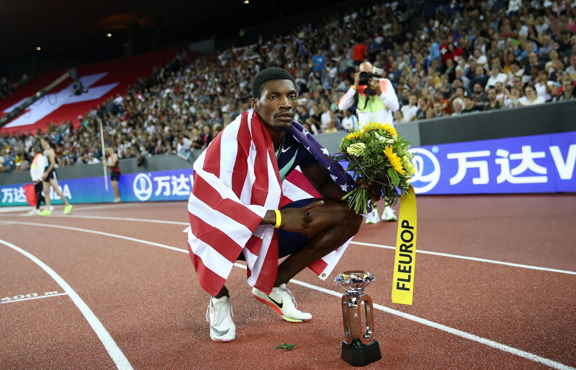 Fred Kerley of The United States of America celebrates winning the Men&#039;s 100m final during the Weltklasse Zurich, part of the Wanda Diamond League at Stadium Letzigrund on September 09, 2021 in Zurich, Switzerland. (Photo by Maja Hitij/Getty Images)