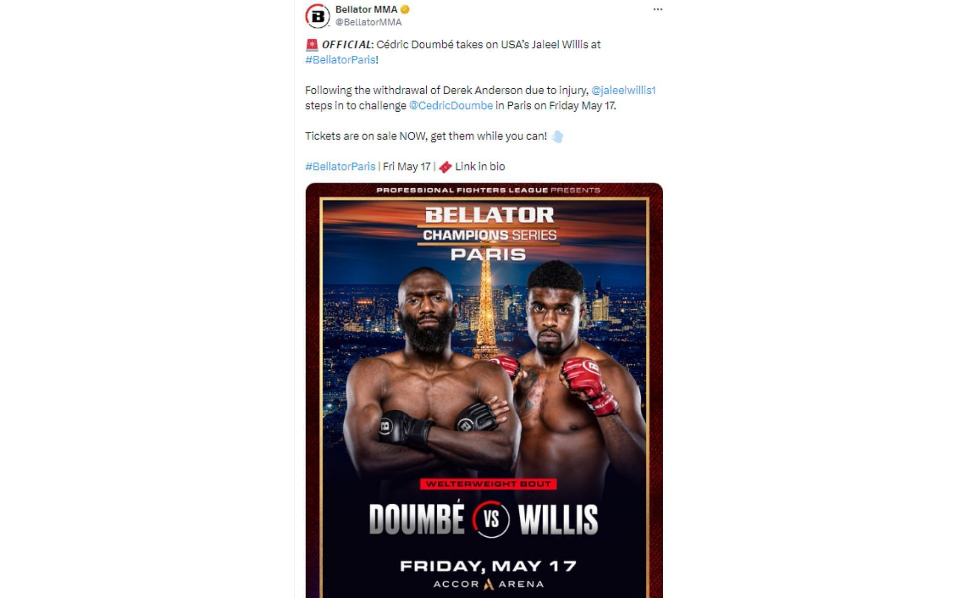 Bellator&#039;s tweet regarding Doumbe vs. Willis [Image courtesy: @BellatorMMA - X]