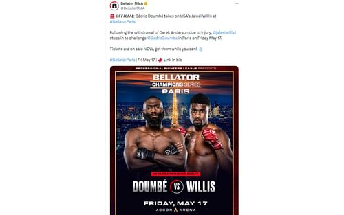 Bellator's tweet regarding Doumbe vs. Willis [Image courtesy: @BellatorMMA - X]