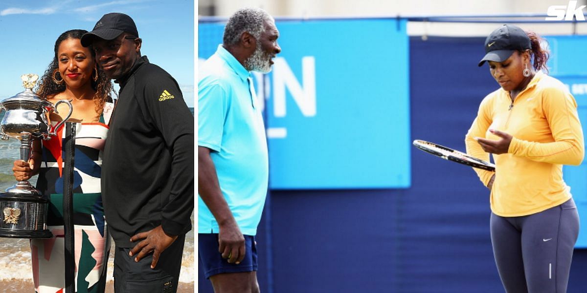 Naomi Osaka with her father Leonard Francois (L) and Serena Williams with her father Richard (R)